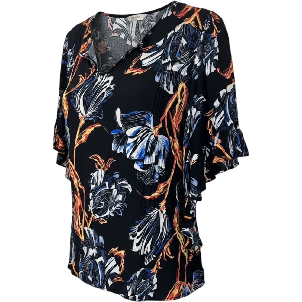 LC Lauren Conrad Blouse Womens Small Black Floral Ruffle Sleeve VNeck Top